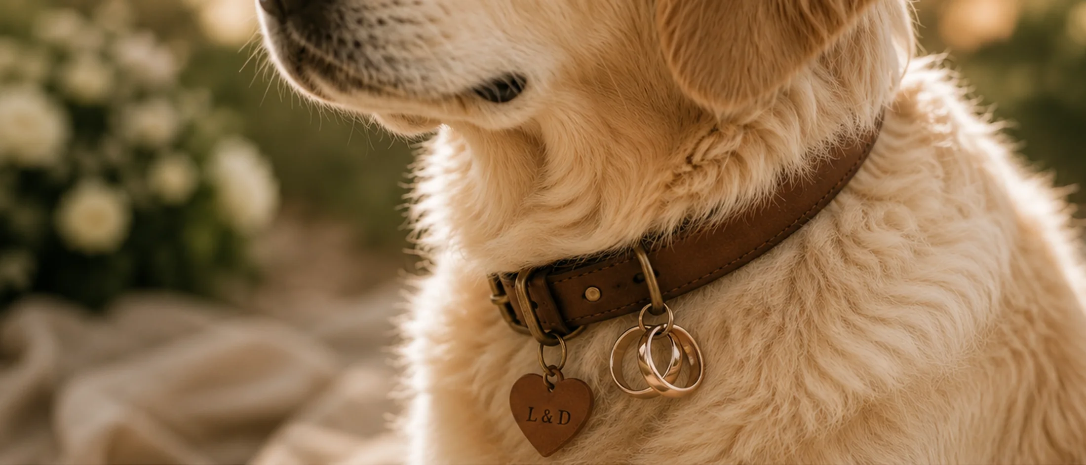 Golden Retriever mit Eheringen und Herzanhänger am Halsband bei einer freien Trauung